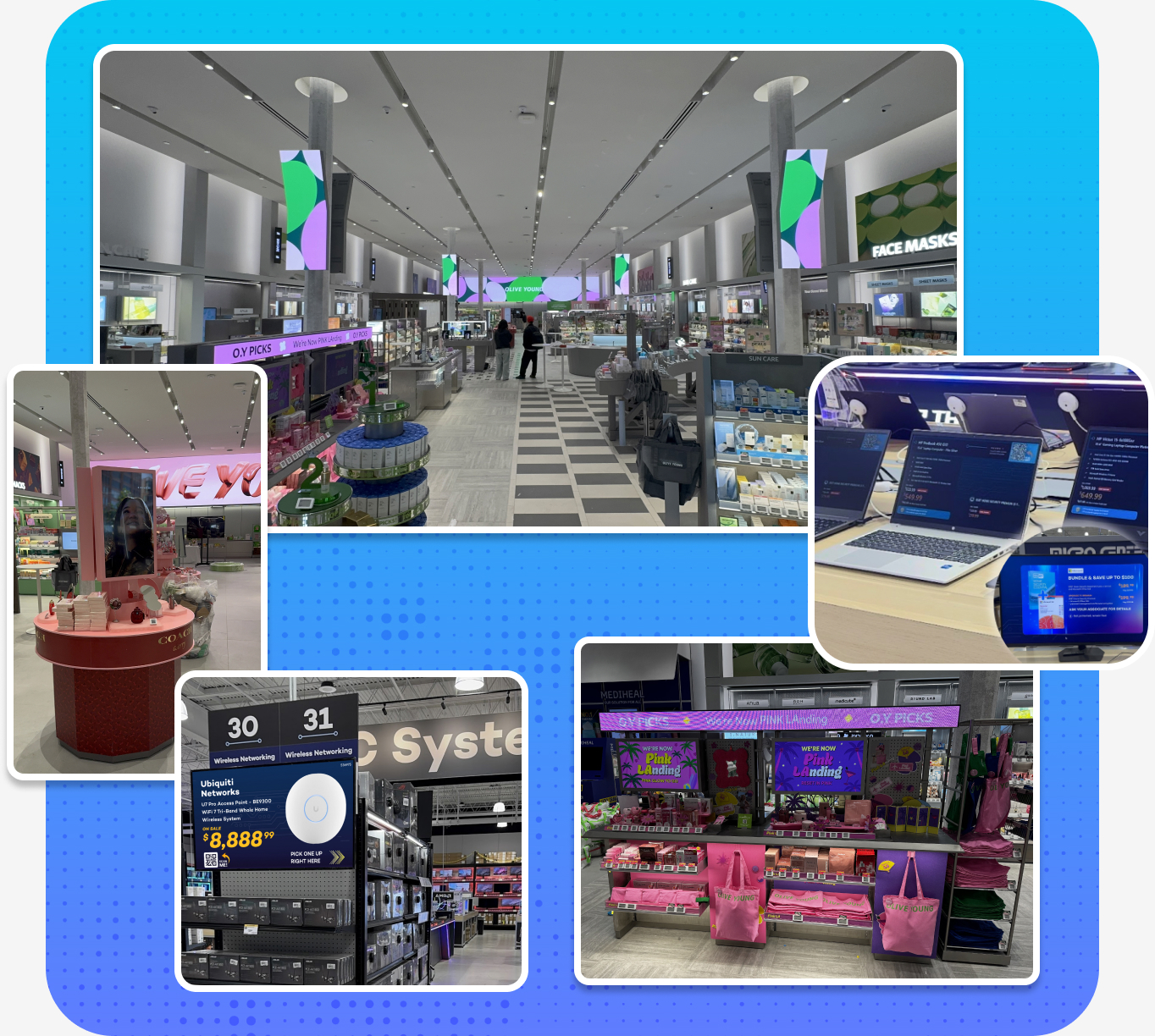 In-store digital screens across endcaps, aisles, and fixtures managed from a single Conqrse Cue dashboard